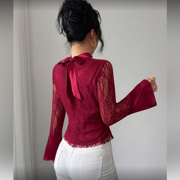 Luxe Burgundy Lave Bell Sleeve Tie Neck Blouse - Picture 6 of 7